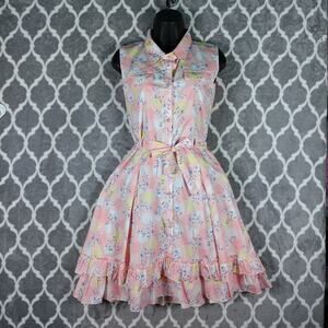 Retro Kawaii Dress Size Small Pink Pastel Floral Sleeveless Button Front Ruffle